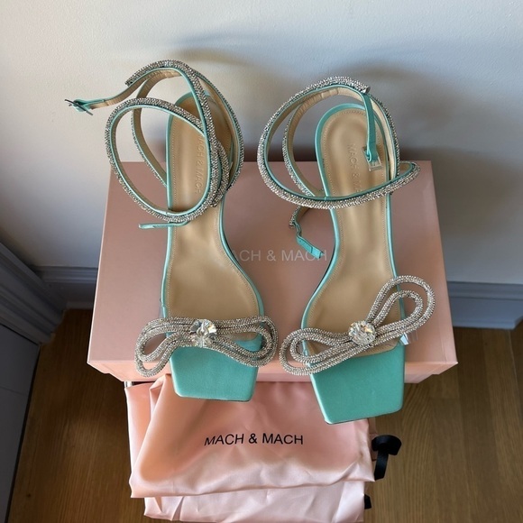 MACH & MACH Double Crystal Bow Square Toe Sandal Mint - Picture 5 of 14